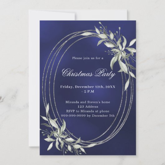 ネイビーブルーシルバー緑のクリスマスパーティー 招待状 (正面)