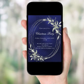 ネイビーブルーシルバー緑のクリスマスパーティー 招待状