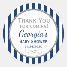 ネイビーブルーシルバー赤ちゃんシャワーありがとうメッセージカード ラウンドシール