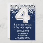ネイビーブルーシルバー4thバースデーパーティの招待状 招待状 (正面)