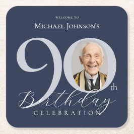 ネイビーブルーシルバー オリジナル写真 90歳の誕生日 スクエアペーパーコースター