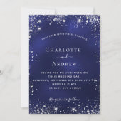 ネイビーブルーシルバーQRコードRSVPラグジュアリー結婚ズ 招待状 (正面)
