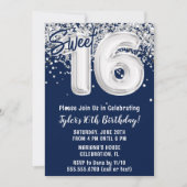 ネイビーブルーシルバーSweet 16 誕生日パーティー 招待状 (正面)