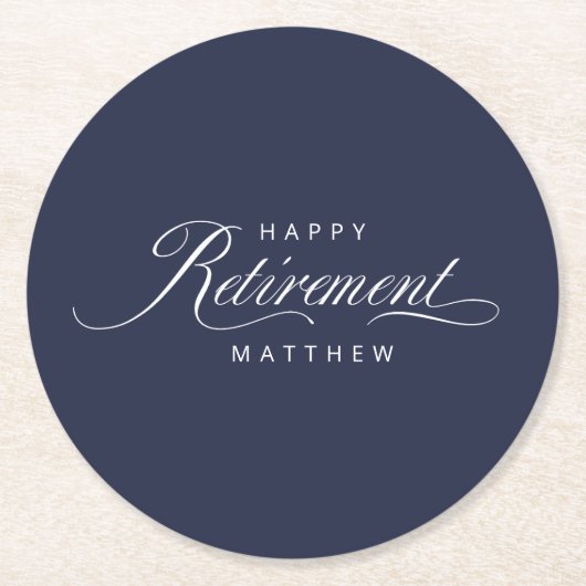 ネイビーブルーシンプルのエレガント退職パーティー ラウンドペーパーコースター (正面)
