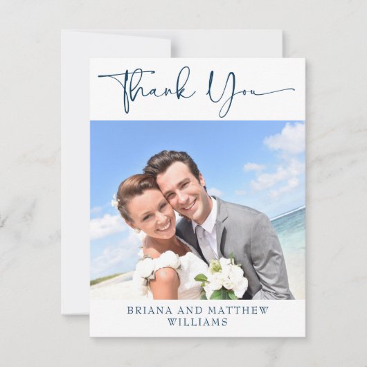 ネイビーブルーシンプルのモダン写真サンキューカード サンキューカード (正面)
