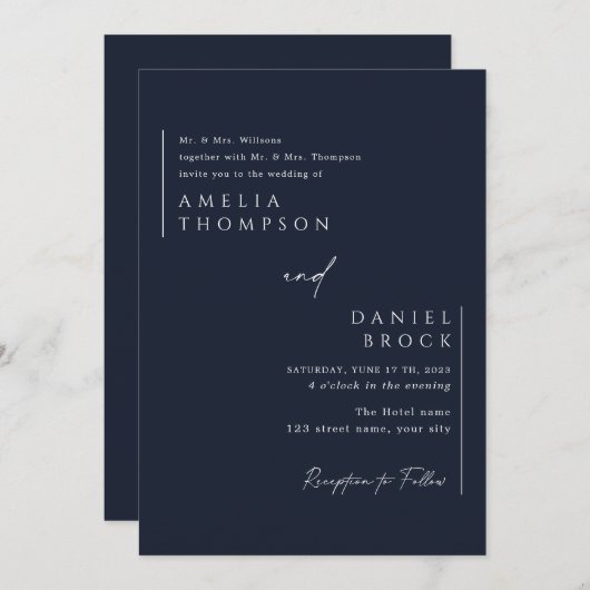 ネイビーブルーシンプルエレガントミニマル 招待状 (正面/裏面)