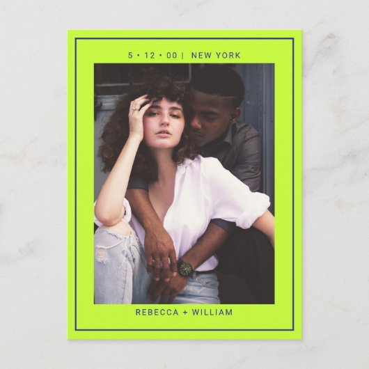 ネイビーブルーシンプルグリーンの写真結婚式の日付を保存 ポストカード (正面)