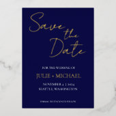 ネイビーブルーシンプルスタイルウェディング日付を保存 箔招待状 (正面)