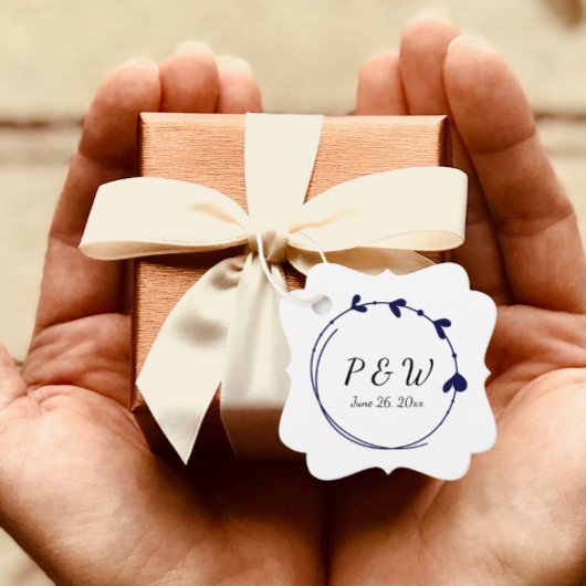 ネイビーブルーシンプルハートリースモノグラム結婚ズ フェイバータグ