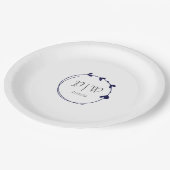 ネイビーブルーシンプルハートリースモノグラム結婚ズ ペーパープレート (アングル)