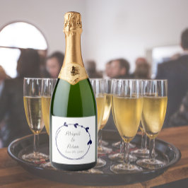 ネイビーブルーシンプルハートリース結婚ズ スパークリングワインラベル