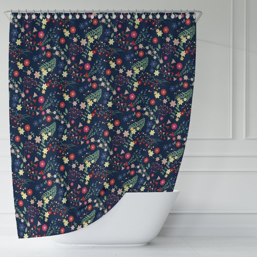 ネイビーブルーシンプルワイルドフラワーパターン シャワーカーテン