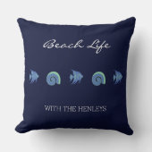 ネイビーブルーシーシェルフィッシュファミリーネームビーチハウス クッション (正面)