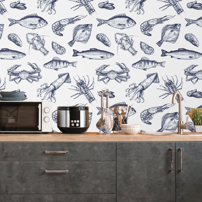 ネイビーブルーシーフードパターンキッチンピール&スティック 壁紙 (Navy Blue Seafood Pattern Kitchen Peel & Stick Wallpaper
)