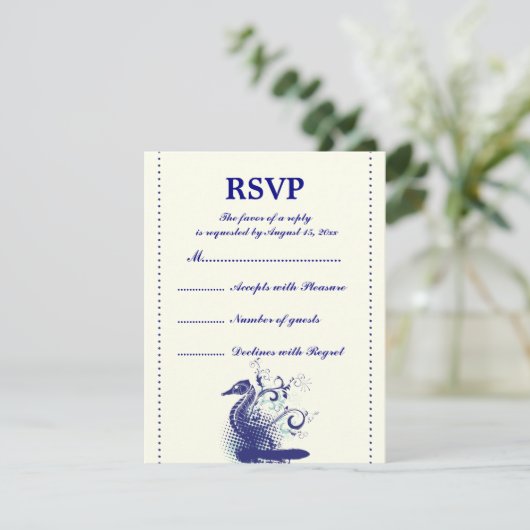 ネイビーブルーシーホースアイボリー結婚式RSVPカード 出欠カード (スタンド正面)