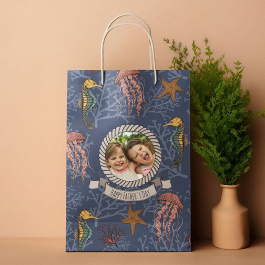 ネイビーブルーシーホースセレネカスタムード文字写真 ミディアムペーパーバッグ