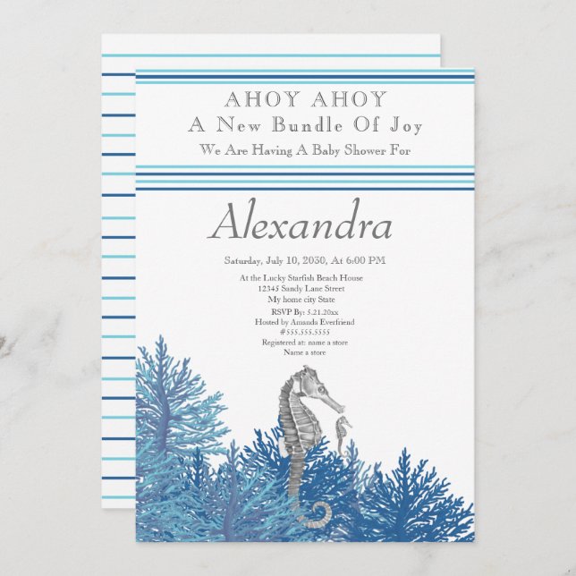 ネイビーブルーシーホース男の子の赤ちゃんシャワー (正面/裏面)