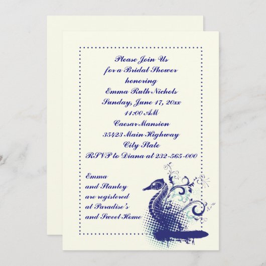 ネイビーブルーシーホース結婚オンアイボリーブライダルシャワー 招待状 (正面/裏面)