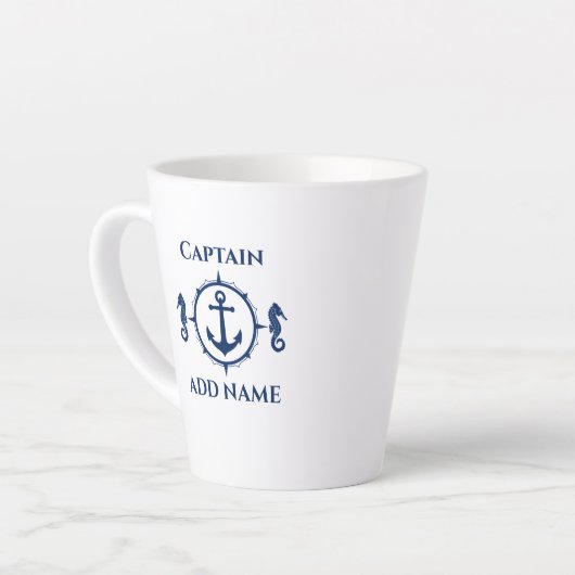 ネイビーブルーシーホース&いかり名またはボート両面 カフェラテマグ (左アングル)