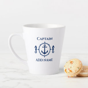 ネイビーブルーシーホース&いかり名またはボート2面 カフェラテマグ