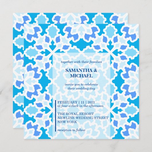 ネイビーブルーシームレ結婚ームス 招待状 (正面/裏面)