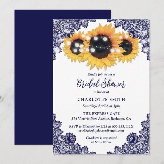 ネイビーブルーシ素朴ックレースサンフラワーブライダルシャワー 招待状 (正面/裏面)