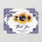 ネイビーブルーシ素朴ックレースサンフラワー結婚ズ サンキューカード (正面/裏面)
