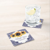 ネイビーブルーシ素朴ックレースサンフラワー結婚ズ スクエアペーパーコースター (インサイチュ)