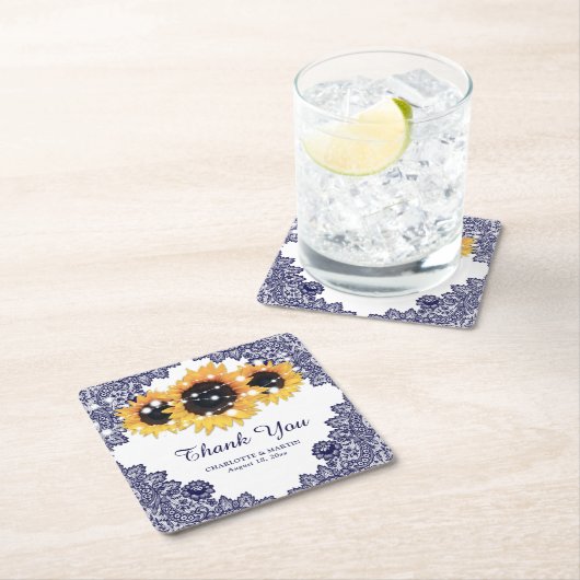ネイビーブルーシ素朴ックレースサンフラワー結婚ズ スクエアペーパーコースター (インサイチュ)