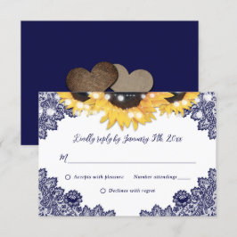 ネイビーブルーシ素朴ックレースサンフラワー結婚ズ 出欠カード