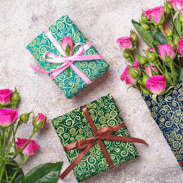 ネイビーブルージェードグリーンティール（緑がかった色）金ゴールドスワーズパターンボホ ラッピングペーパーシート