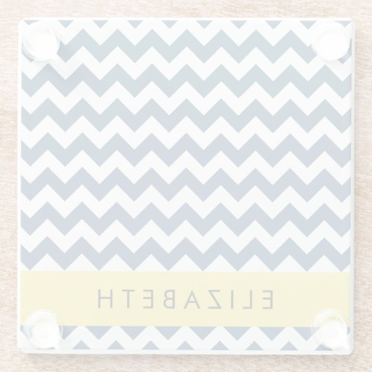 ネイビーブルージグザグザグネイビーブルーシェブロン、お名前 ガラスコースター (裏面)