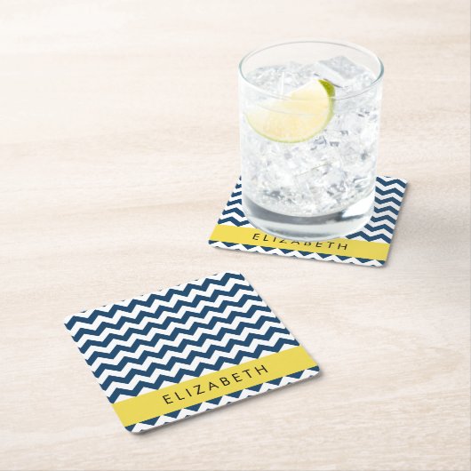 ネイビーブルージグザグザグネイビーブルーシェブロン、お名前 スクエアペーパーコースター (インサイチュ)