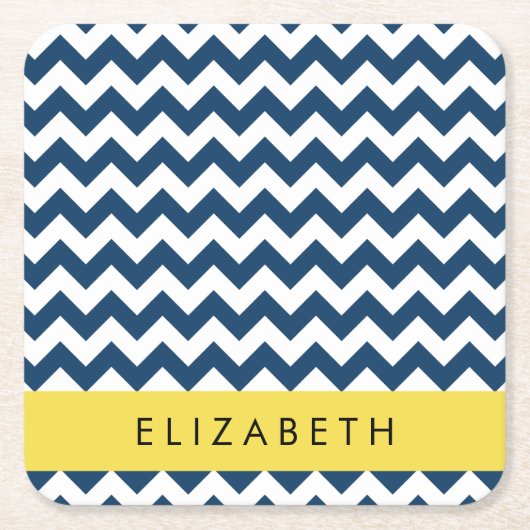 ネイビーブルージグザグザグネイビーブルーシェブロン、お名前 スクエアペーパーコースター (正面)