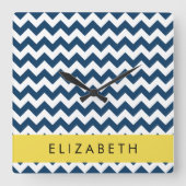 ネイビーブルージグザグザグネイビーブルーシェブロン、お名前 スクエア壁時計 (正面)