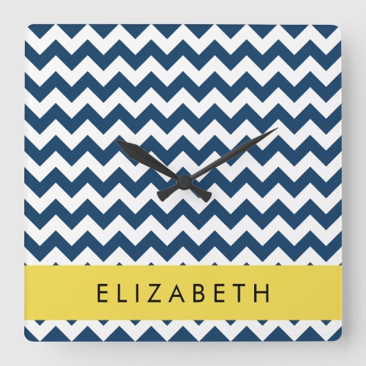 ネイビーブルージグザグザグネイビーブルーシェブロン、お名前 スクエア壁時計 (正面)
