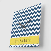 ネイビーブルージグザグザグネイビーブルーシェブロン、お名前 スクエア壁時計 (傾斜)