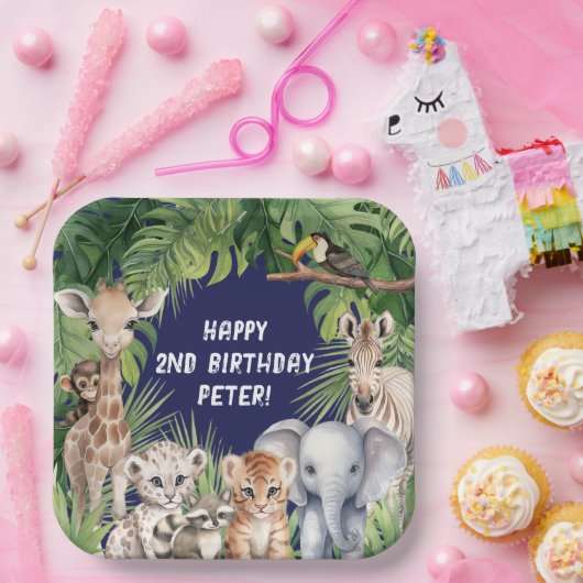 ネイビーブルージャングルアニマルをテーマにしたサファリの誕生日 ペーパープレート (パーティー)