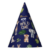 ネイビーブルージャングル動物ワイルドワン1歳の誕生日 パーティーハット (正面)
