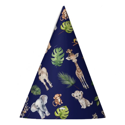ネイビーブルージャングル動物ワイルドワン1歳の誕生日 パーティーハット (左)