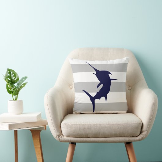 ネイビーブルージャンピングマーリン灰色と白のストライプ クッション (椅子)