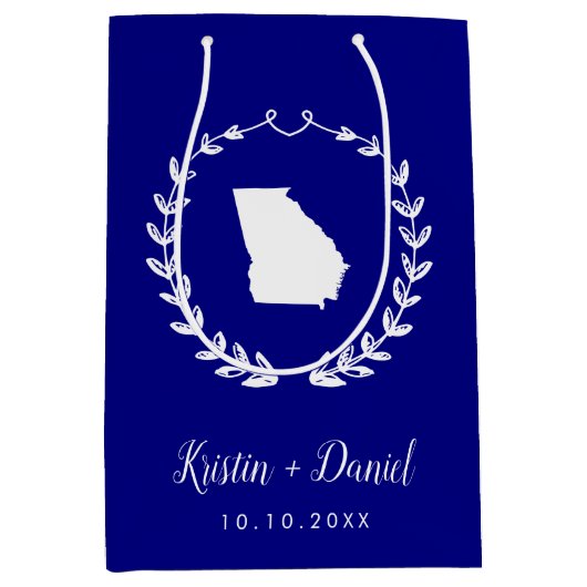 ネイビーブルージョージア結婚マップの歓迎スワッグ ミディアムペーパーバッグ (正面)