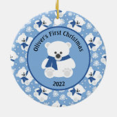 ネイビーブルースカーフとスノーフレーク付きホッキョクグマ セラミックオーナメント (裏面)