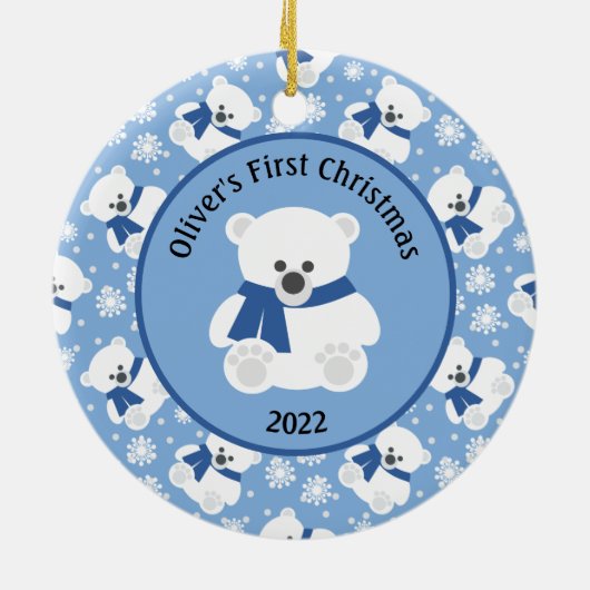 ネイビーブルースカーフとスノーフレーク付きホッキョクグマ セラミックオーナメント (裏面)