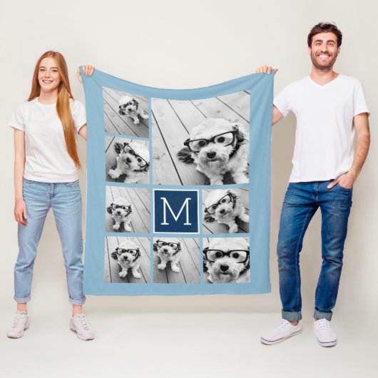 ネイビーブルースクエア8フォトコラージュCAN EDIT COLOR フリースブランケット (インサイチュ)