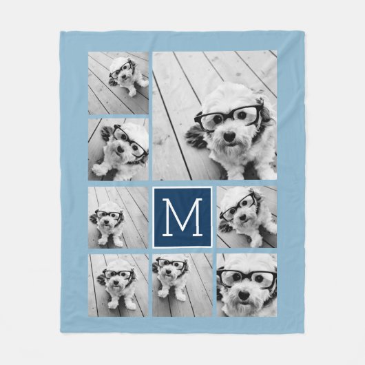 ネイビーブルースクエア8フォトコラージュCAN EDIT COLOR フリースブランケット (正面)