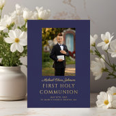 ネイビーブルースクリプトフォトボーイファースト聖餐式 箔招待状