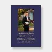 ネイビーブルースクリプトフォトボーイファースト聖餐式 箔招待状