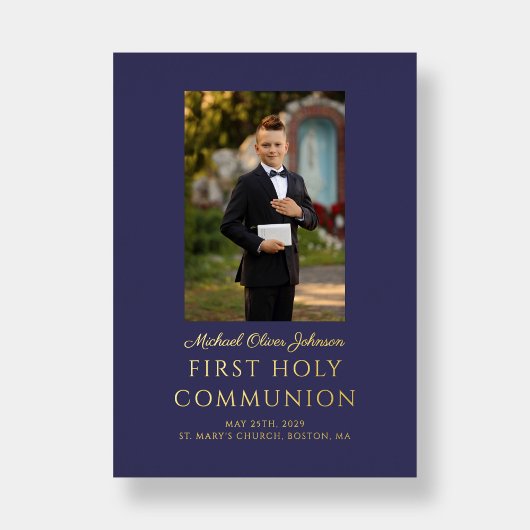 ネイビーブルースクリプトフォトボーイファースト聖餐式 箔招待状