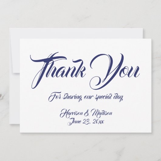 ネイビーブルースクリプト結婚のノートカードありがとう (正面)